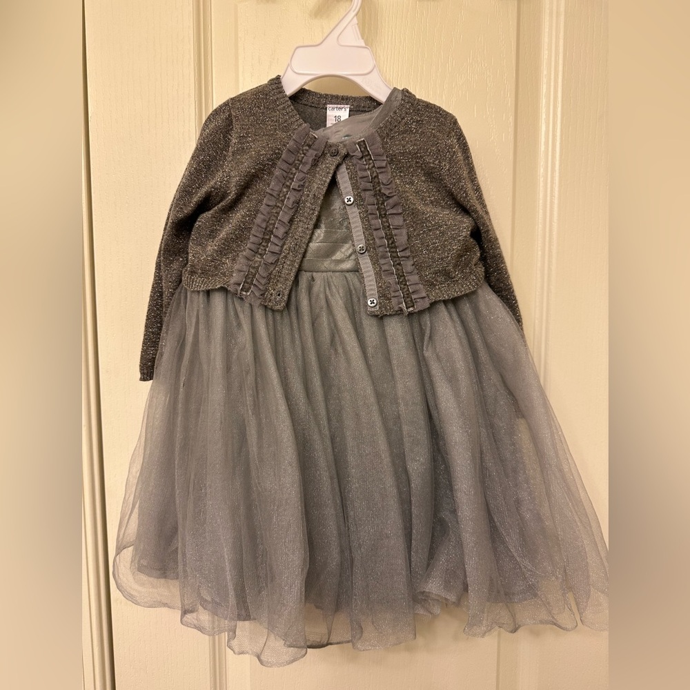 Gray Old Navy dress with Carters Gray and gold sweater.